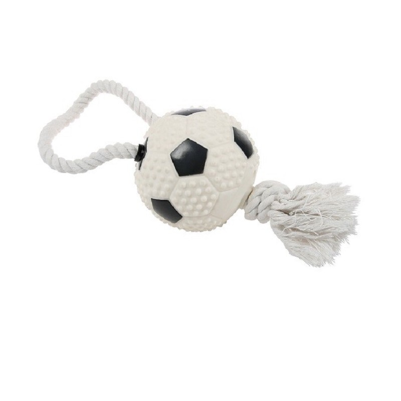 JOUET VINYLE BALLE FOOT + CORDE - 10CM